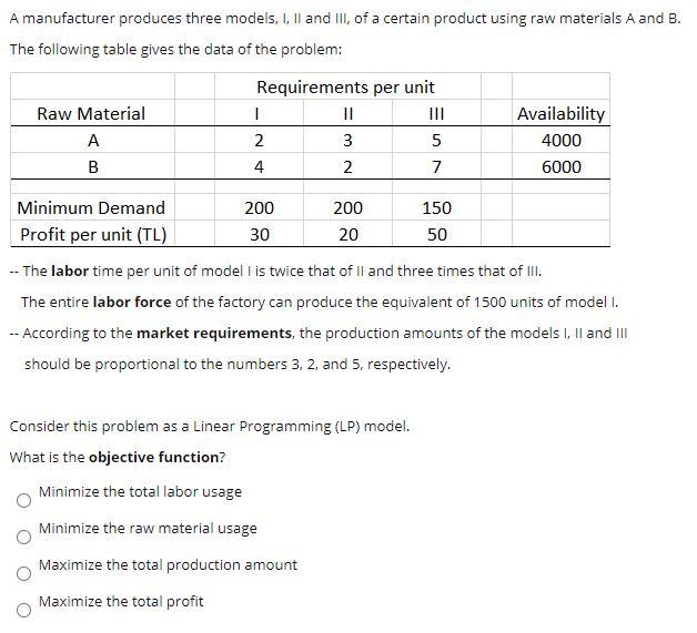 A manufacturer produces three models, I, II and
