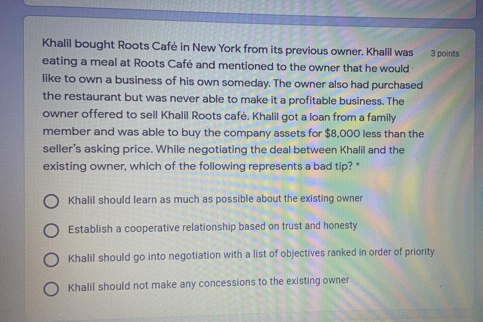 3 points Khalil bought Roots Caf in New York from