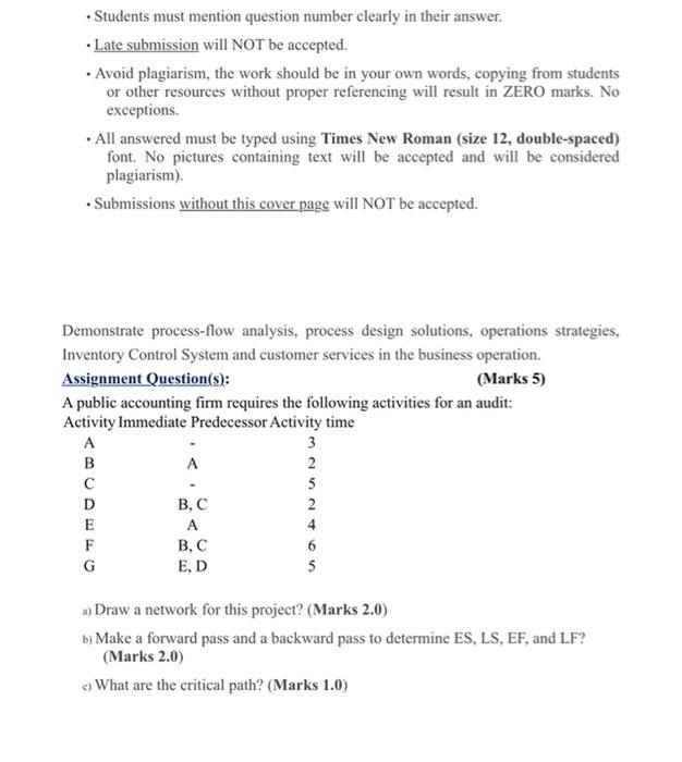 Students must mention question number clearly in