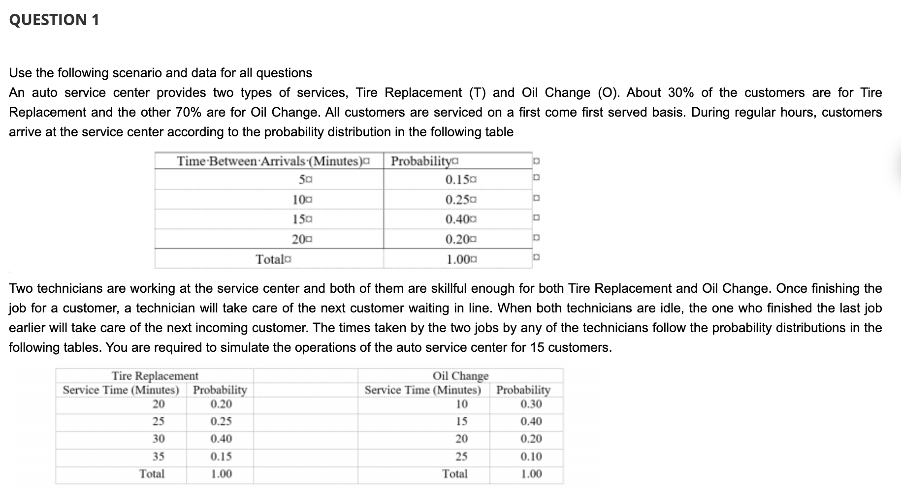 QUESTION 1 Use the following scenario and data