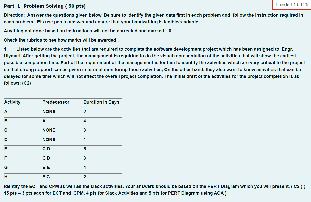 Part I. Problem Solving ( 50 pts) Direction: