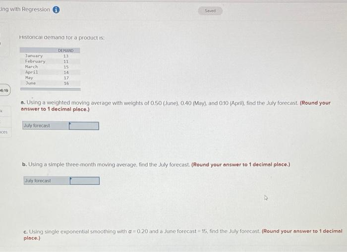 Answer each part please. cing with Regression