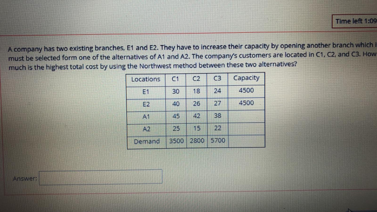 Time left 1:09 A company has two existing