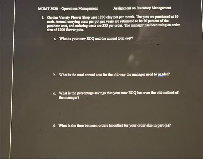 MGMT 3020 - Operations Management Assignment on