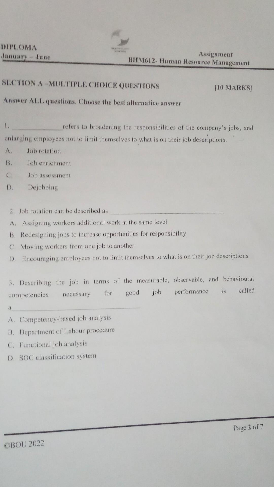 DIPLOMA January - June Assignment BHM612- Human