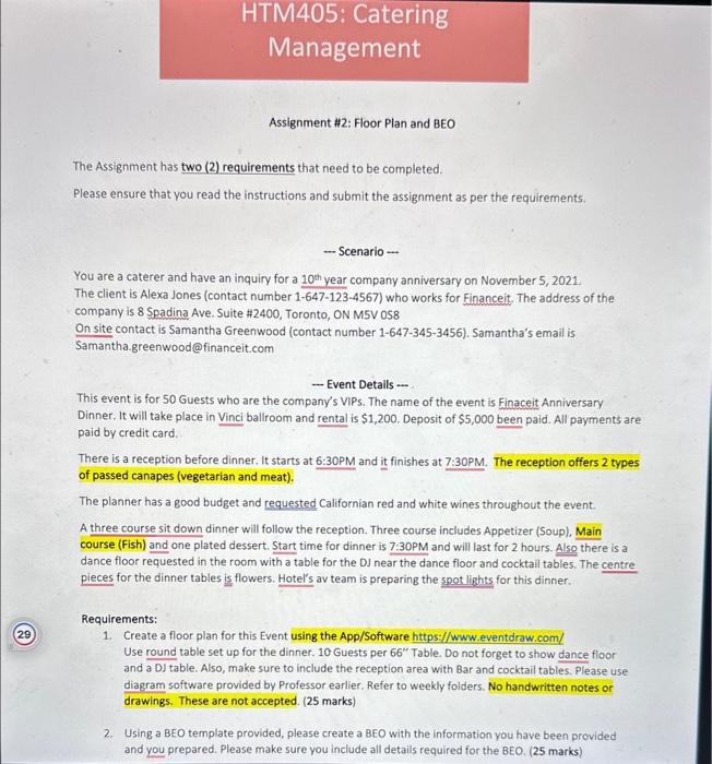Assignment \#2: Floor Plan and BEO The Assignment