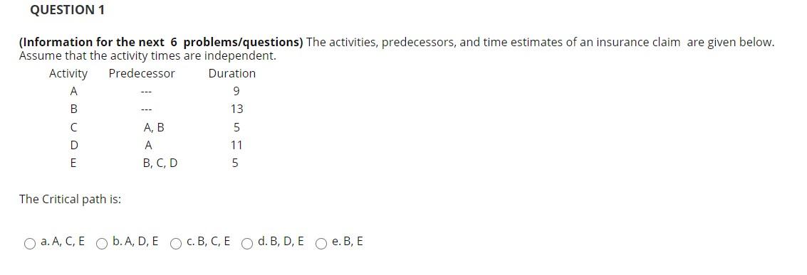 QUESTION 1 (Information for the next 6