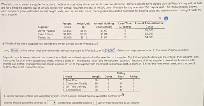 Wanda Lux must select a supplier for a plastic