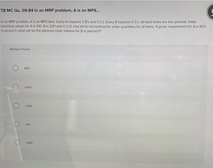 TB MC Qu. 09-84 In an MRP problem, A is an MPS...
