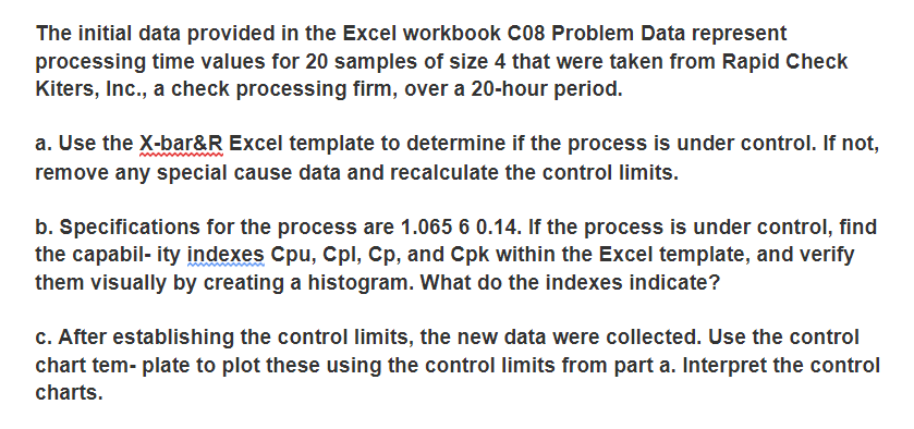 The initial data provided in the Excel workbook