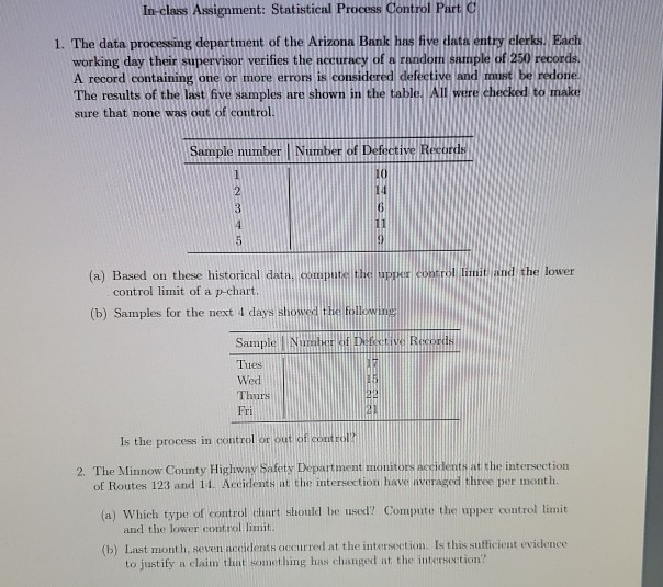 In-class Assignment: Statistical Process Control