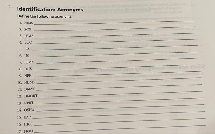 Identification: Acronyms Define the following