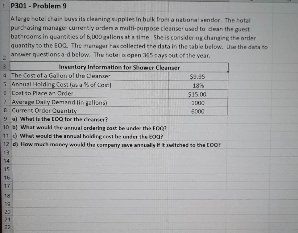 1 P301 - Problem 9 3 A large hotel chain buys its