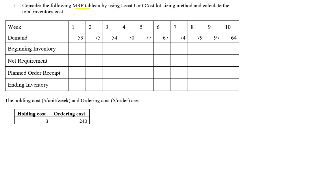 1. Consider the following MRP tableau by using