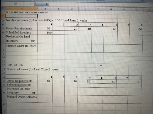 A2 f D E F G A B 1 FILL IN THE TWO MRP TABLES