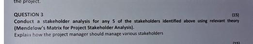 the project QUESTION 3 (15) Conduct a stakeholder