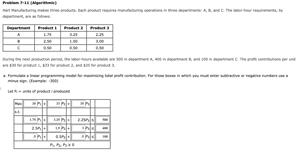 Problem 7-11 (Algorithmic) Hart Manufacturing