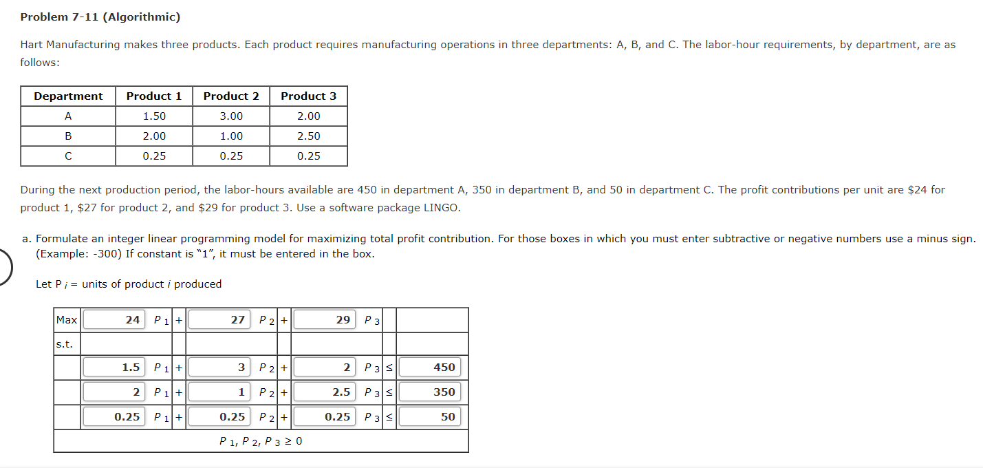 Problem 7-11 (Algorithmic) Hart Manufacturing