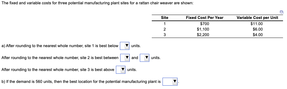 The fixed and variable costs for three potential