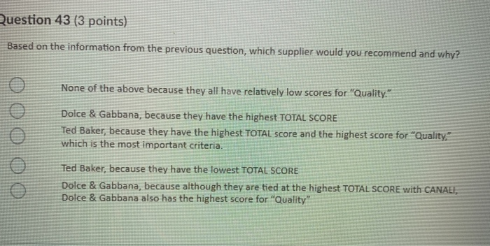 Question 43 (3 points) Based on the information