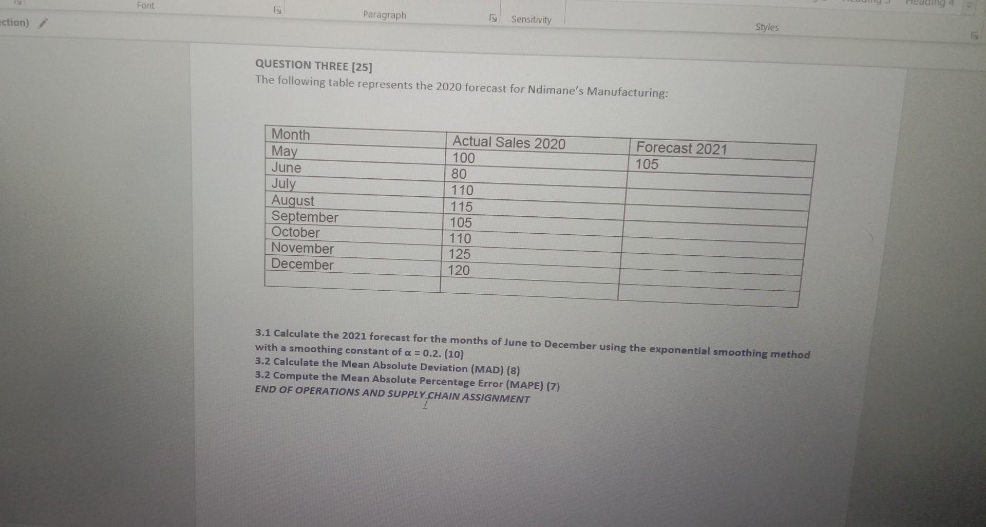 QUESTION THREE [25] The following table