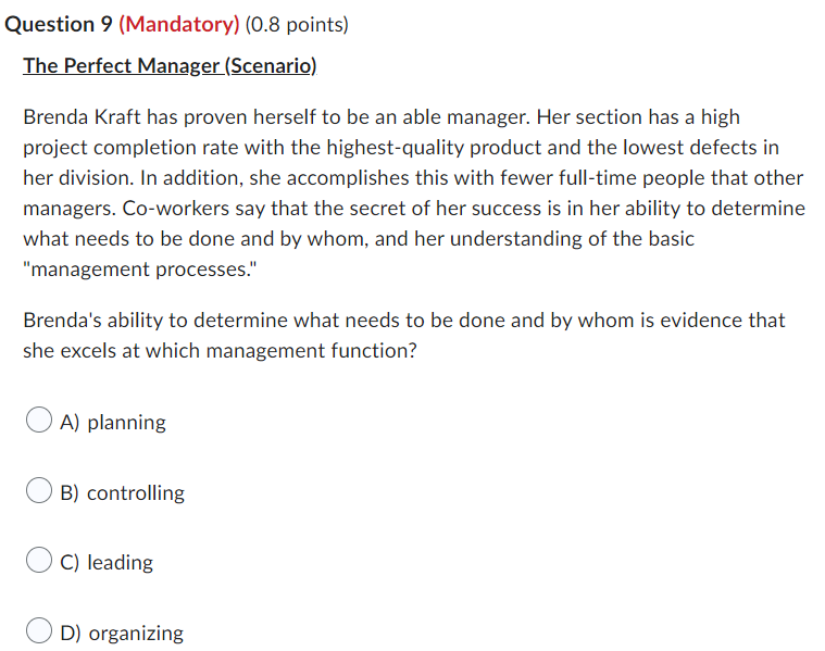 Question 9 (Mandatory) (0.8 points) The Perfect