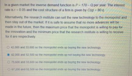 In a given market the inverse demand function is