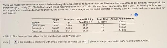 Wanda Lux must select a supplier for a plastic