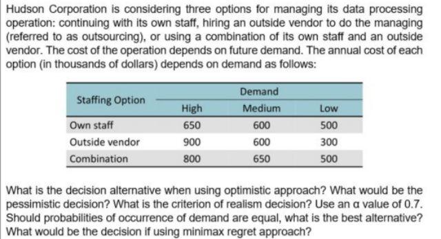 Hudson Corporation is considering three options