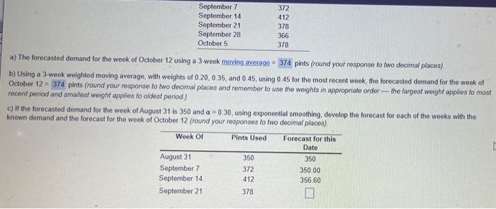 September 7 372 September 14 412 September 21 378