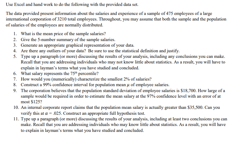 Use Excel and hand work to do the following with