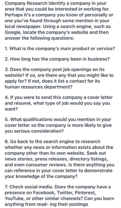 Company Research Identify a company in your area