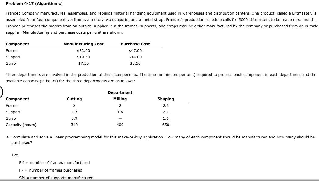 Problem 4-17 (Algorithmic) Frandec Company