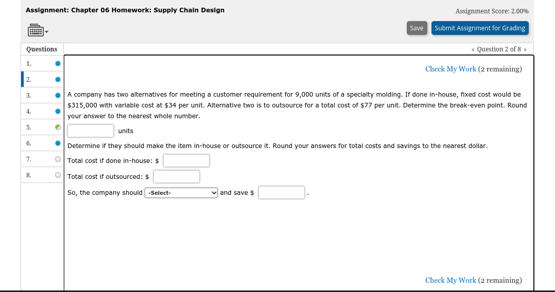 Assignment: Chapter 06 Homework: Supply Chain