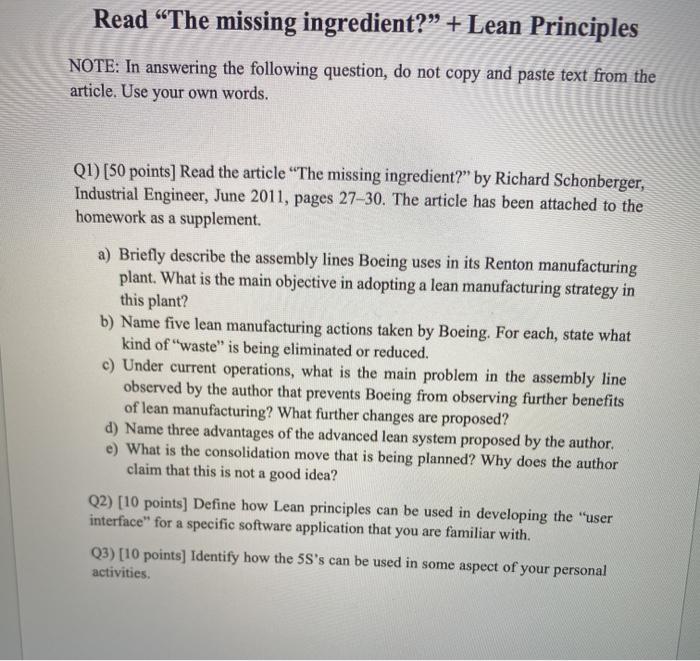 Read The missing ingredient?" + Lean Principles
