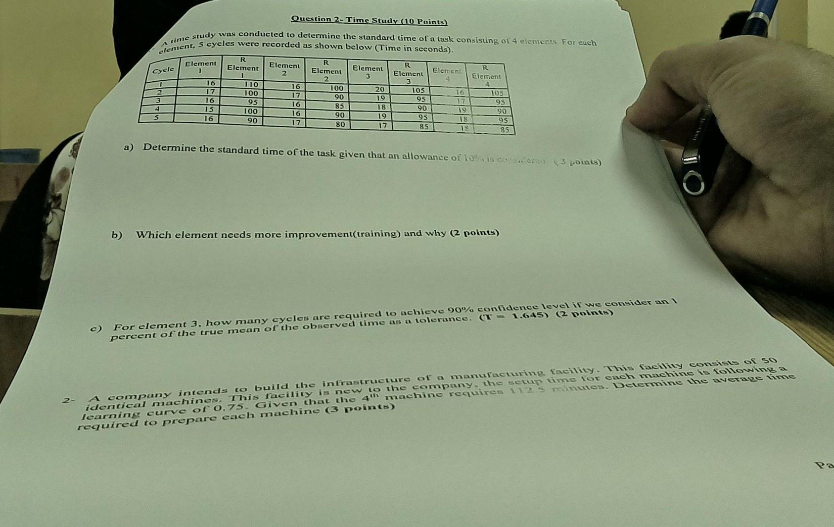 Question 2- Time Study (10 Points) sime study was