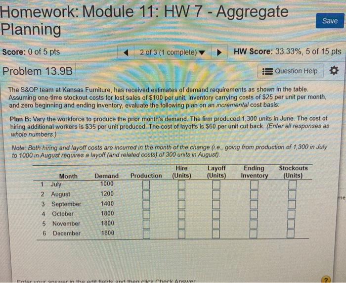 Homework: Module 11: HW 7 - Aggregate Planning