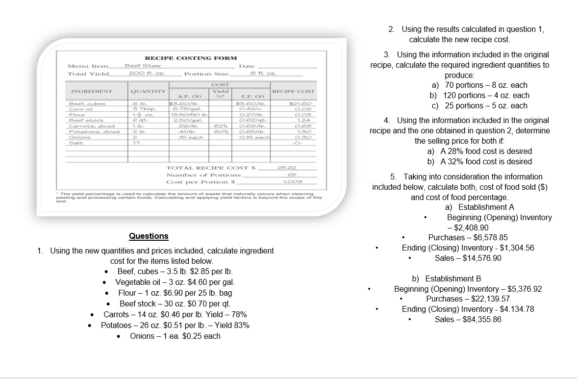 Menu Item Total Yield RECIPE COSTING FORM Beef