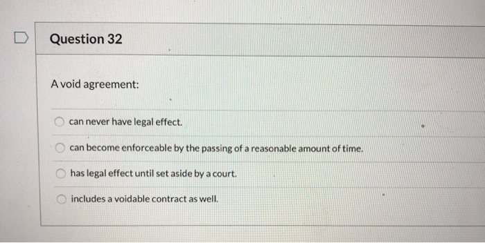 Question 32 A void agreement: can never have