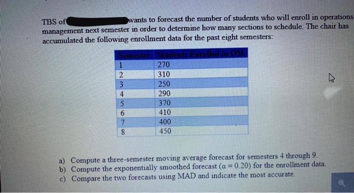 TBS of wants to forecast the number of students