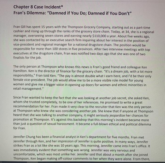Chapter 8 Case Incident* Fran's Dilemma: 