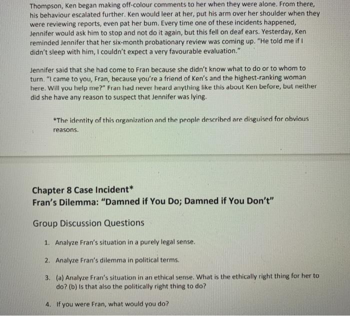 Chapter 8 Case Incident* Fran's Dilemma: 