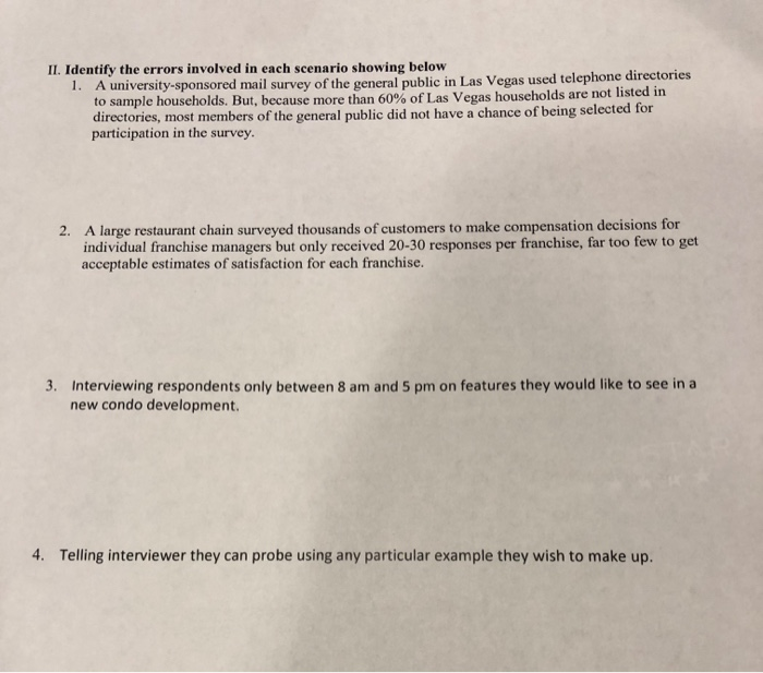 Identify the errors involved in each scenario II.