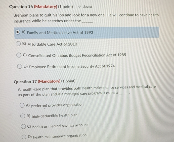 Question 16 (Mandatory) (1 point) Saved Brennan