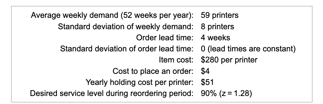Average weekly demand (52 weeks per year): 59