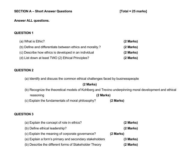 SECTION A-Short Answer Questions [Total = 25