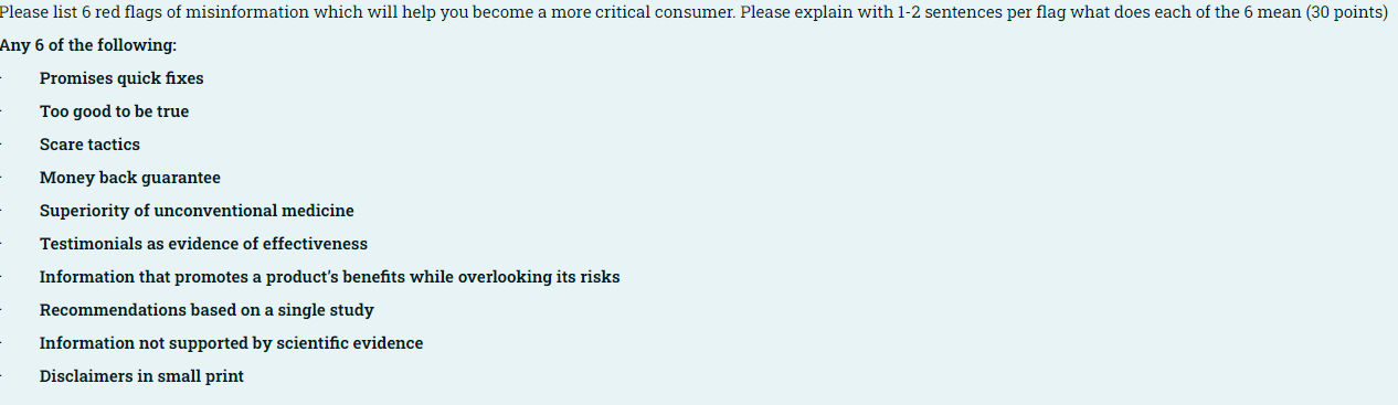 Please list 6 red flags of misinformation which