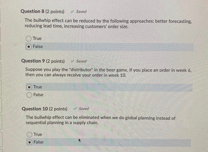 Question 8 (2 points) Saved The bullwhip effect