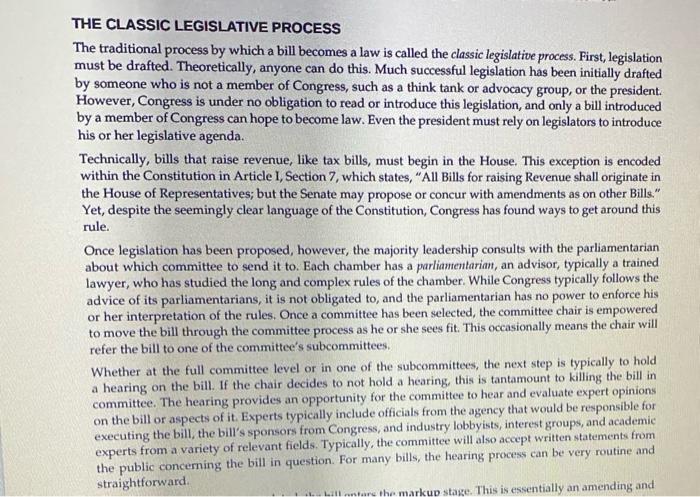 THE CLASSIC LEGISLATIVE PROCESS The traditional