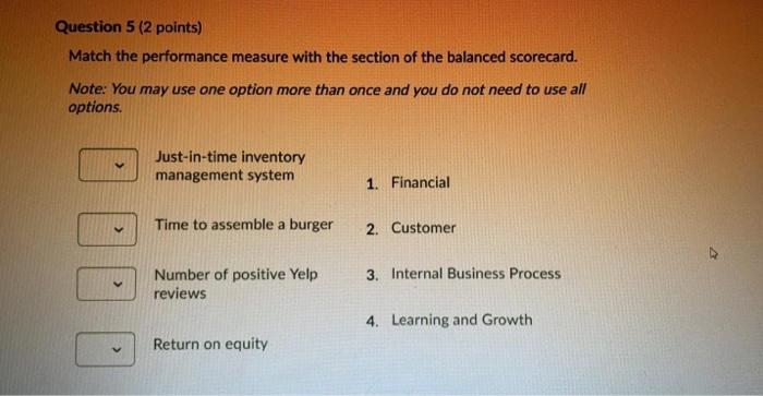 Question 5 (2 points) Match the performance